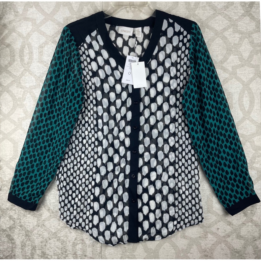 Chico's Blocked Dots Kit Women 0 Small Teal Black White Button Front Blouse NEW